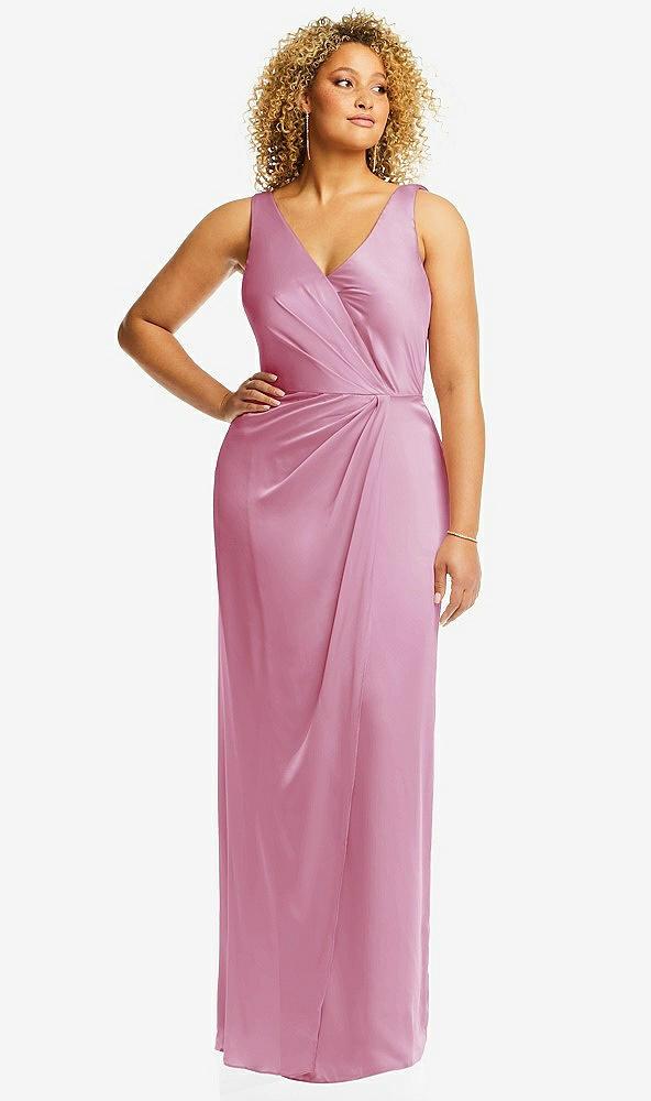 faux wrap whisper satin maxi dress with draped tulip skirt