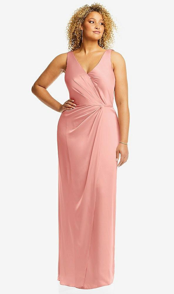 faux wrap whisper satin maxi dress with draped tulip skirt