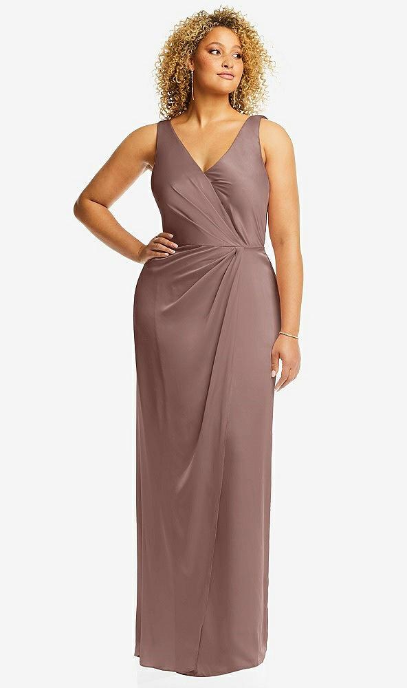 faux wrap whisper satin maxi dress with draped tulip skirt