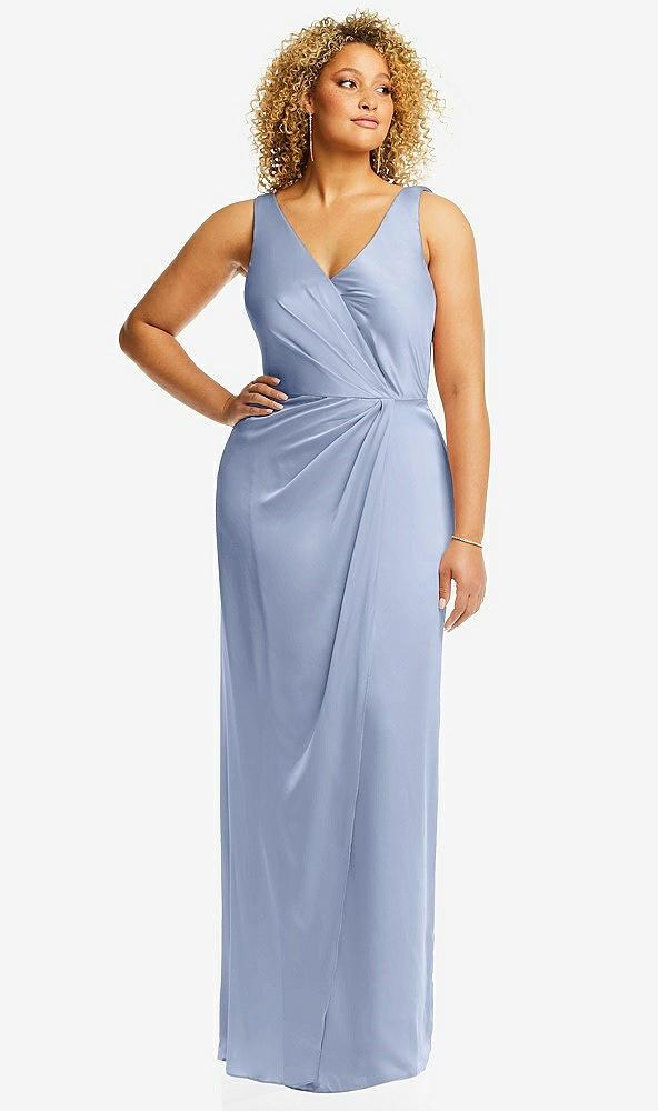 faux wrap whisper satin maxi dress with draped tulip skirt