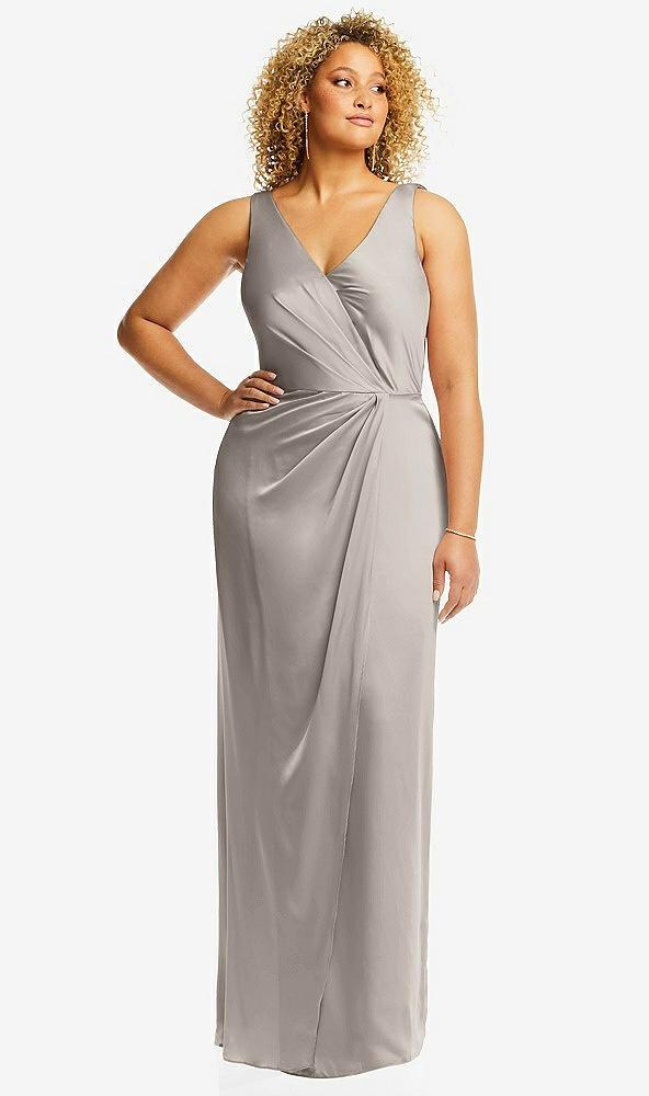 faux wrap whisper satin maxi dress with draped tulip skirt