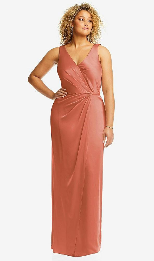 faux wrap whisper satin maxi dress with draped tulip skirt