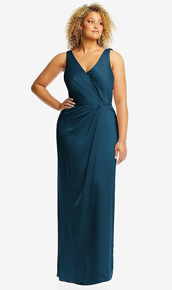faux wrap whisper satin maxi dress with draped tulip skirt