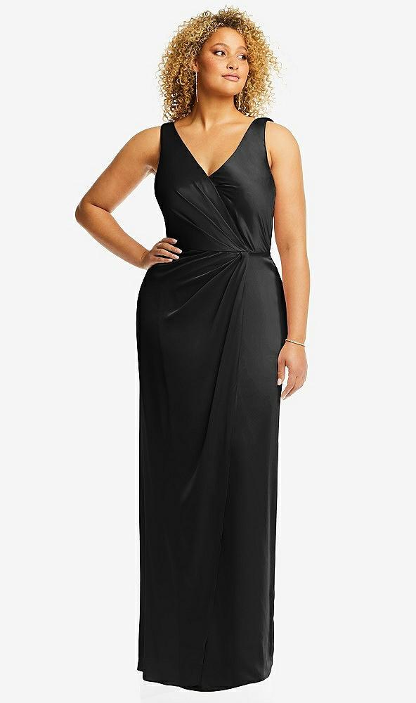 faux wrap whisper satin maxi dress with draped tulip skirt