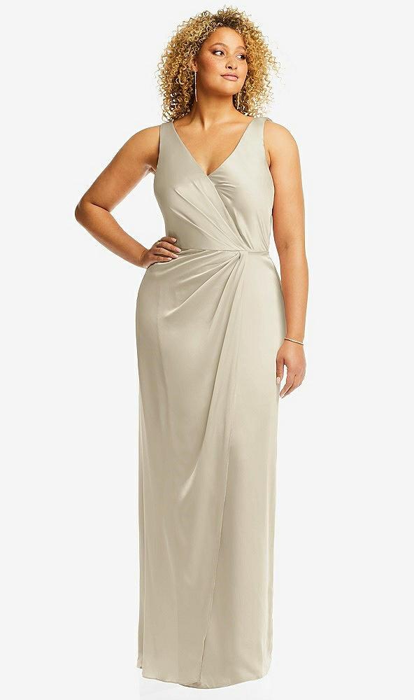 faux wrap whisper satin maxi dress with draped tulip skirt