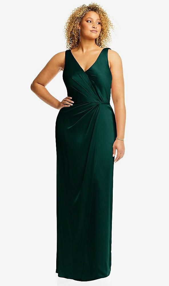 faux wrap whisper satin maxi dress with draped tulip skirt