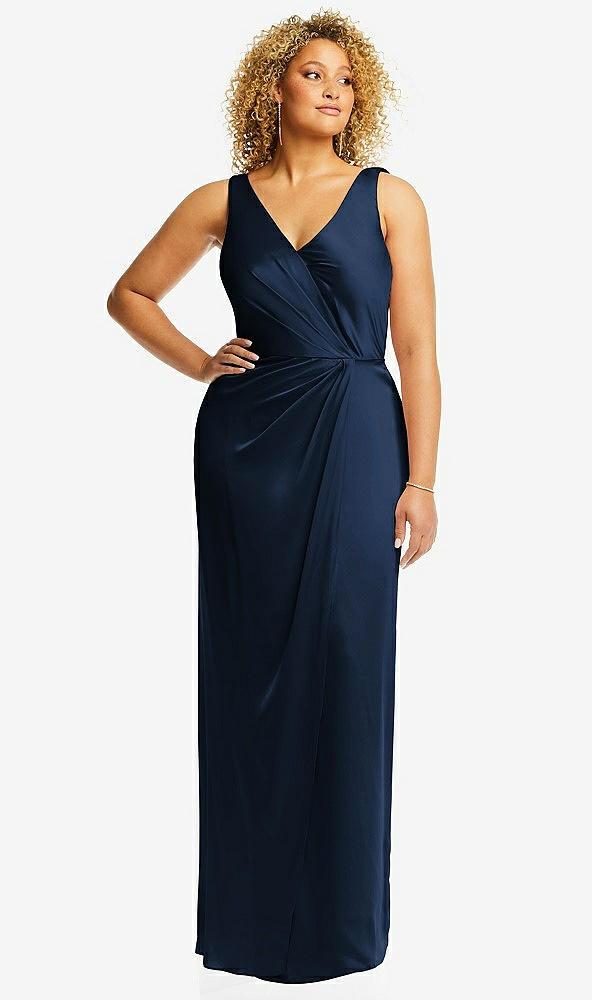faux wrap whisper satin maxi dress with draped tulip skirt