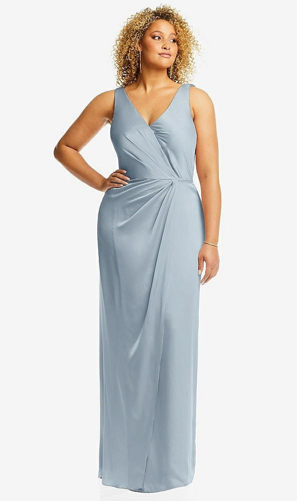 faux wrap whisper satin maxi dress with draped tulip skirt