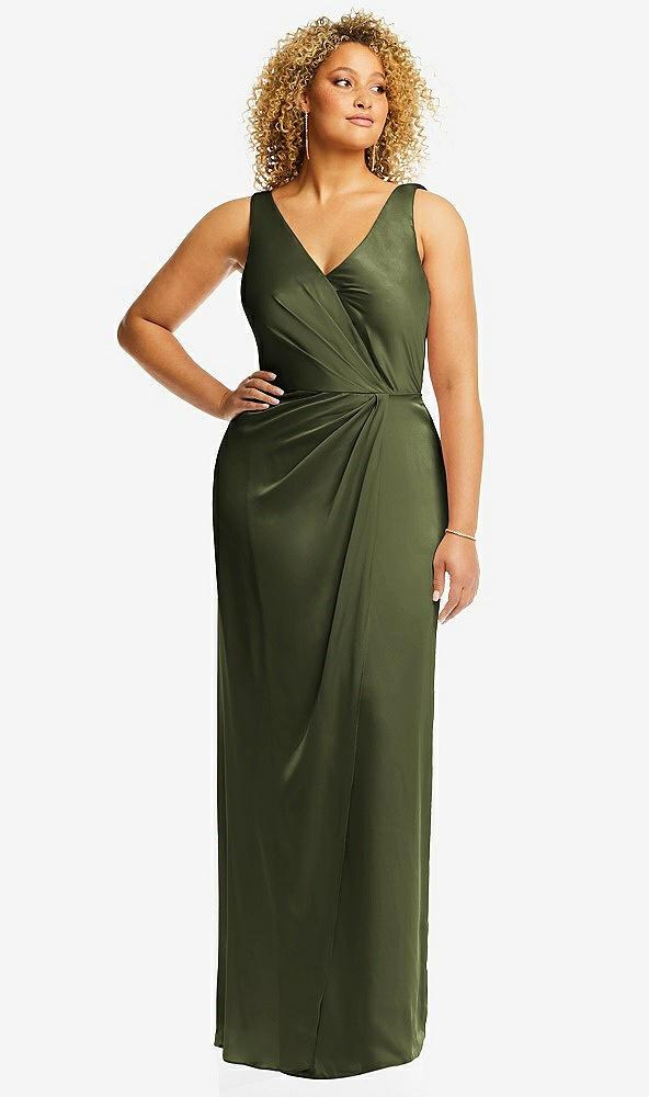 faux wrap whisper satin maxi dress with draped tulip skirt
