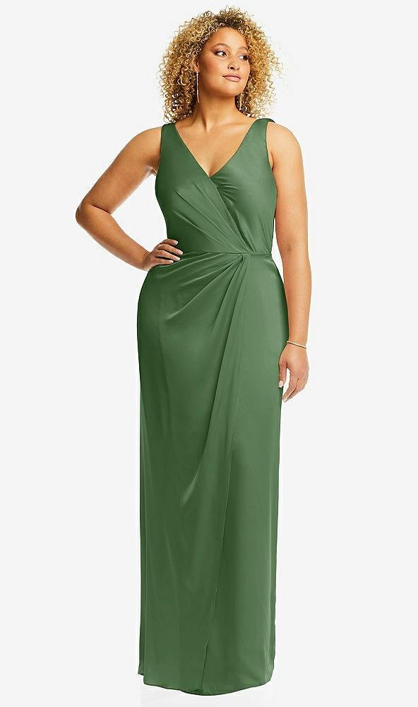 faux wrap whisper satin maxi dress with draped tulip skirt