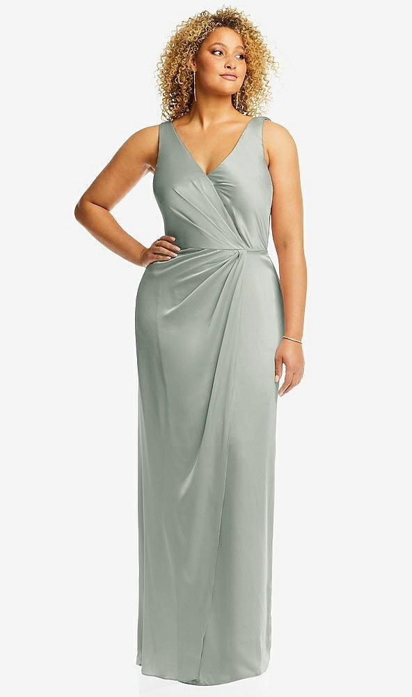 faux wrap whisper satin maxi dress with draped tulip skirt