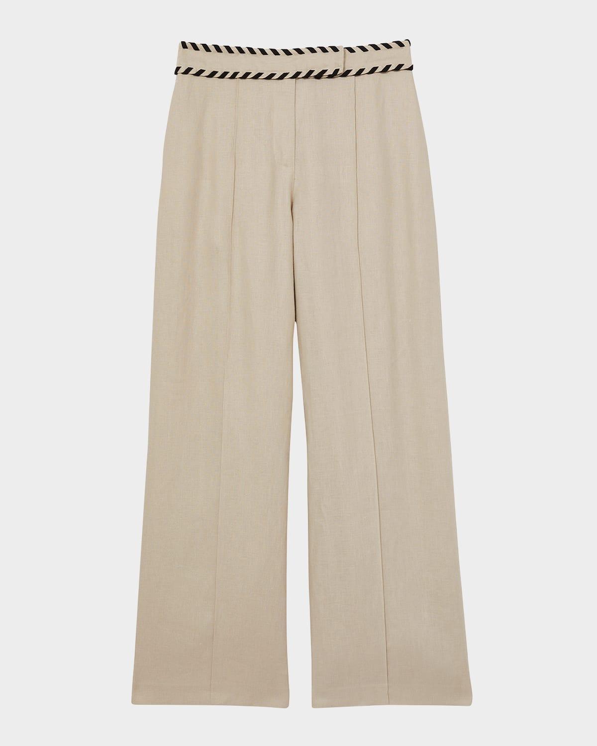 fawn high-rise whipstitch linen trousers