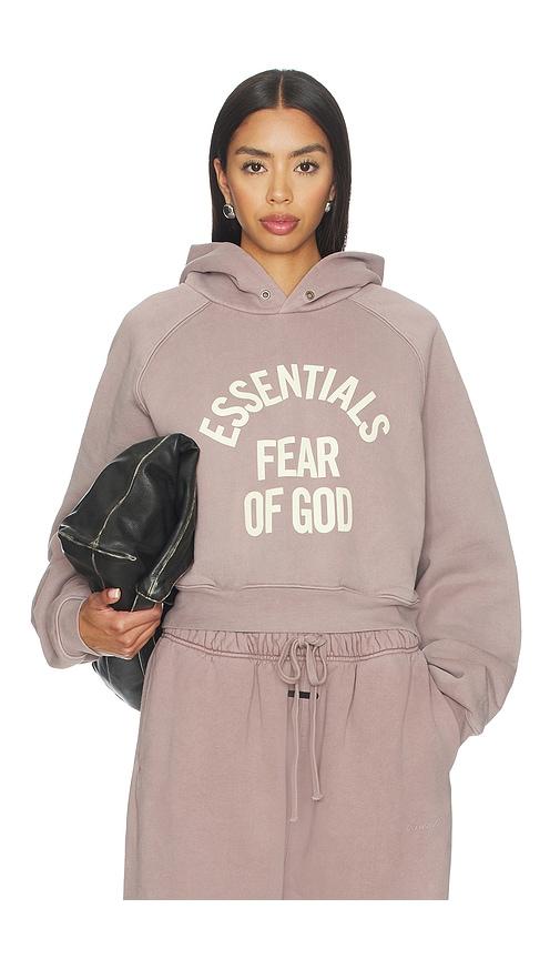 fear of god essentials campus 90's cropped raglan hoodie in mauve.