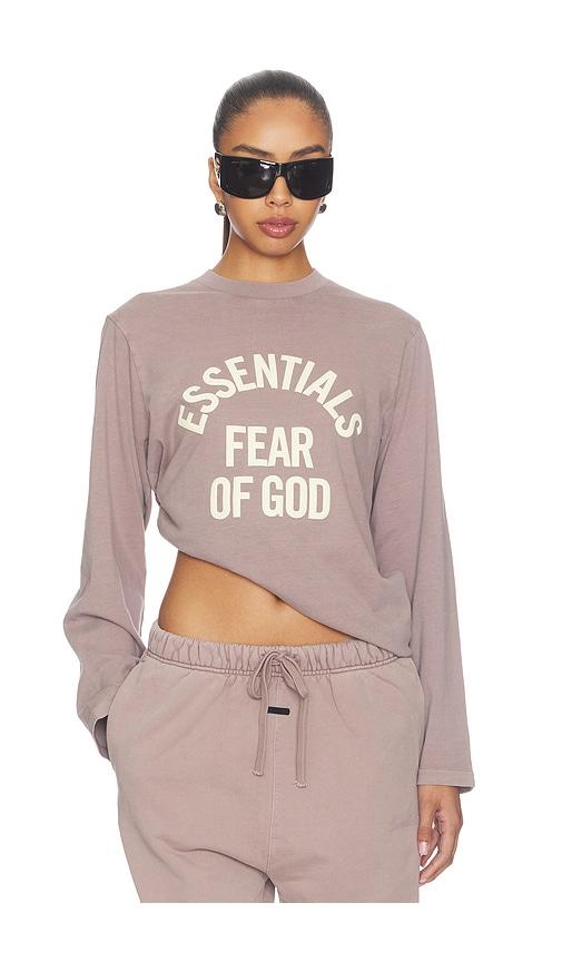 fear of god essentials campus classic long sleeve tee in mauve.