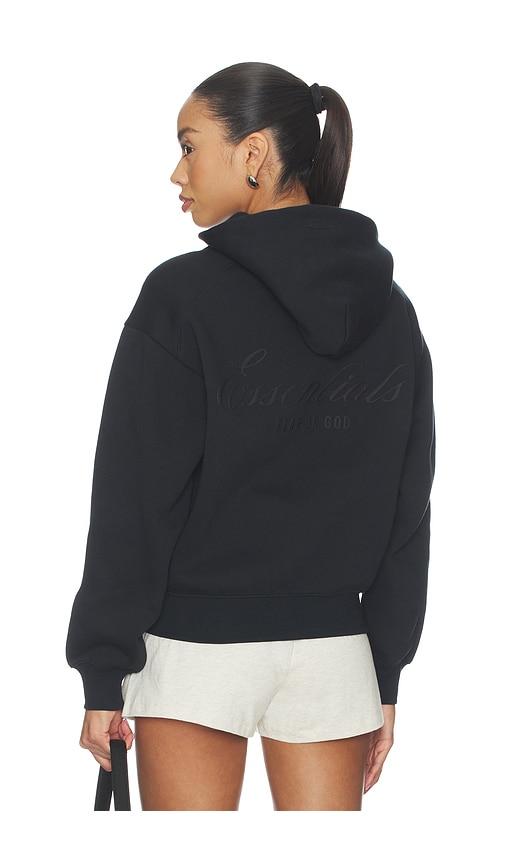 fear of god essentials classic full zip hoodie in black.