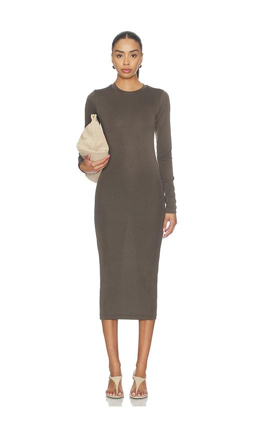 fear of god essentials fitted long sleeve dress in brown.