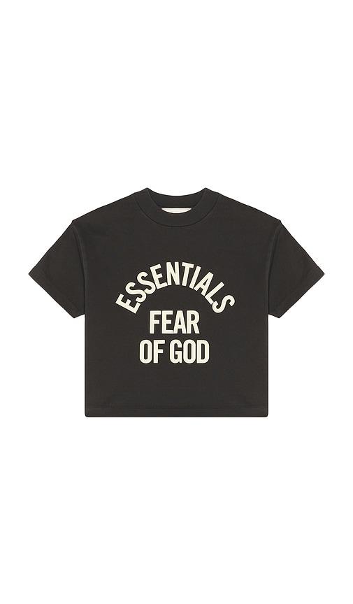 fear of god essentials kids campus 90's short sleeve tee in black.