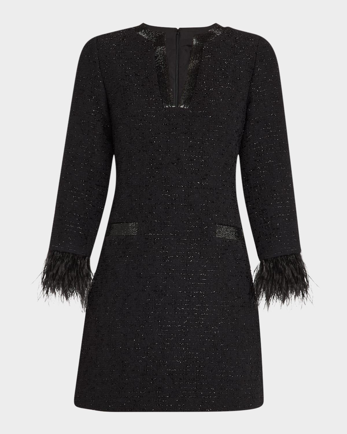 feather-cuff boucle jacquard mini dress
