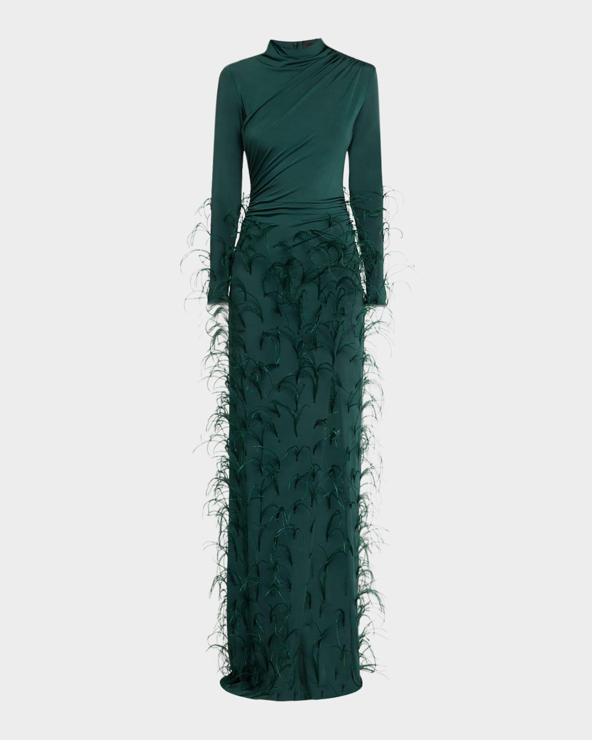 feather embellished draped jersey gown