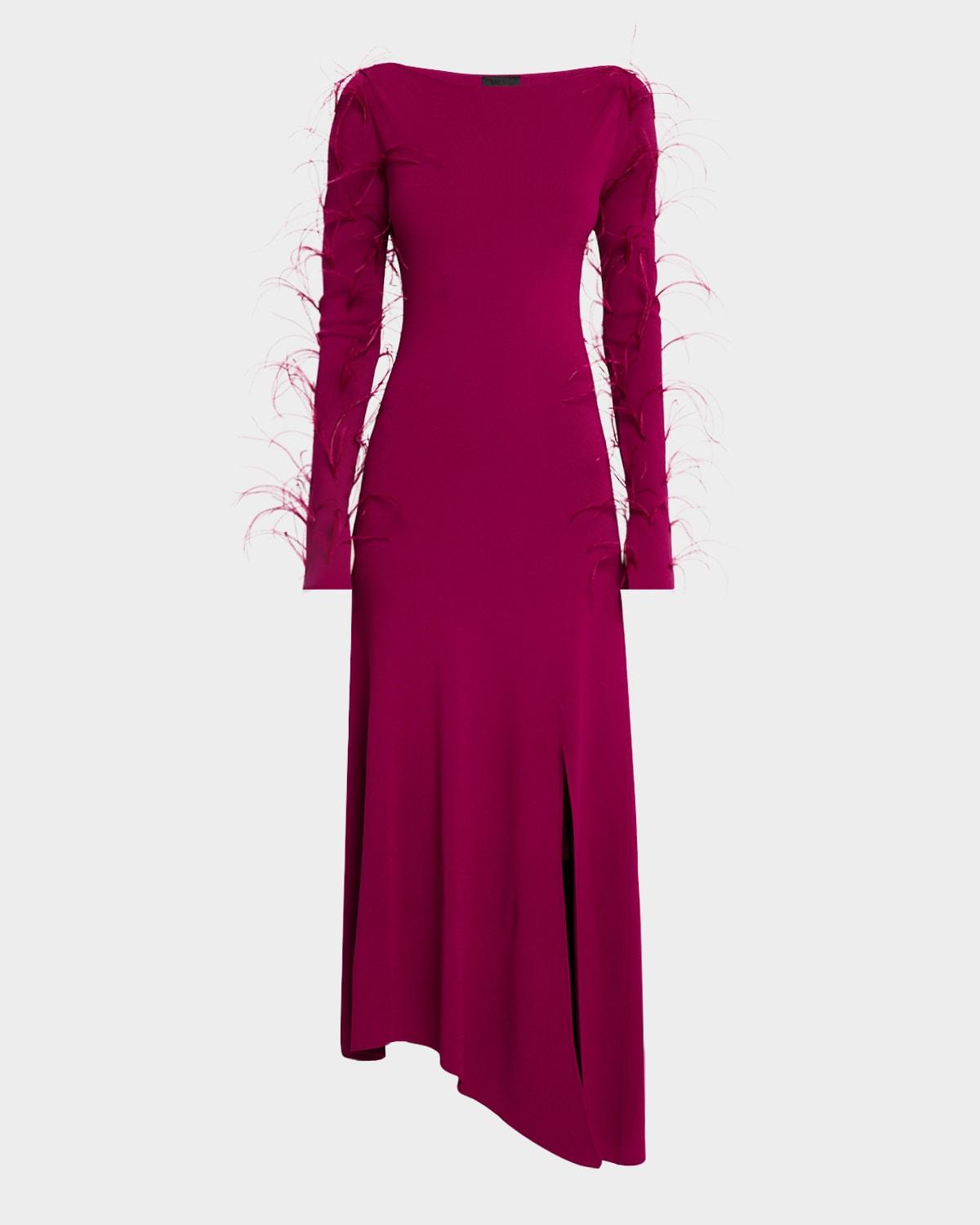 feather long-sleeve asymmetric matte viscose midi dress