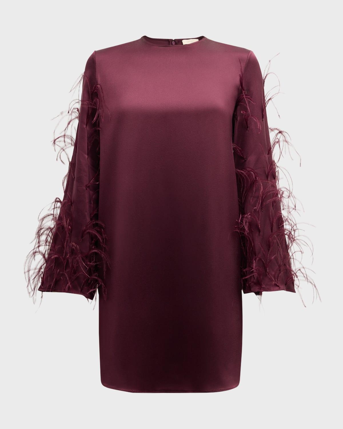 feather long-sleeve satin mini shift dress