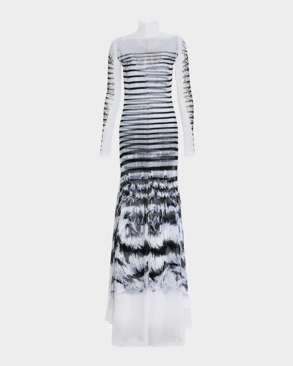 feather mariniere-printed mesh long-sleeve gown