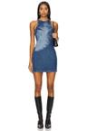 feather print denim mini dress