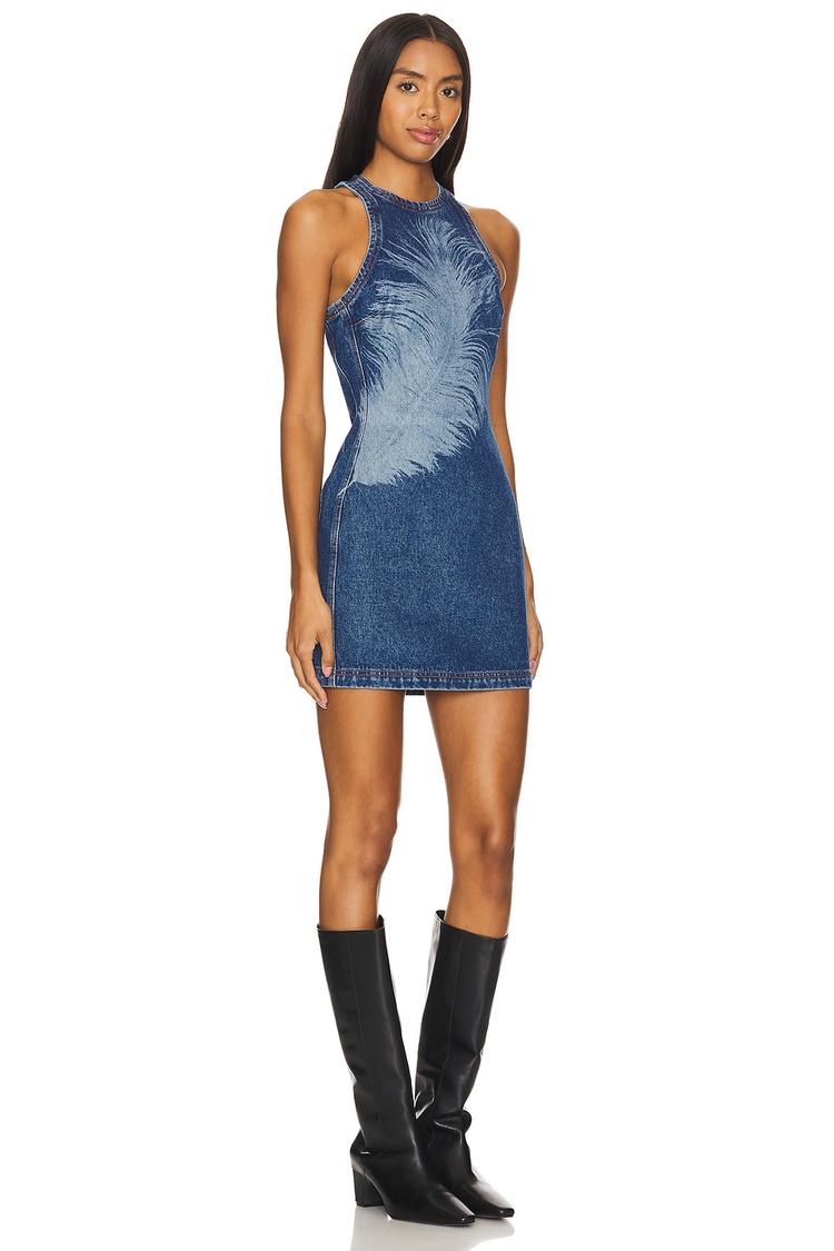 feather print denim mini dress
