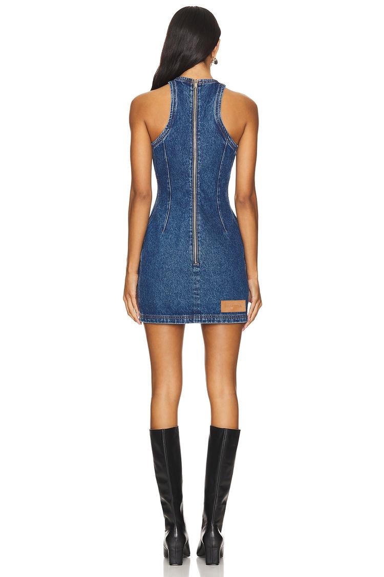 feather print denim mini dress