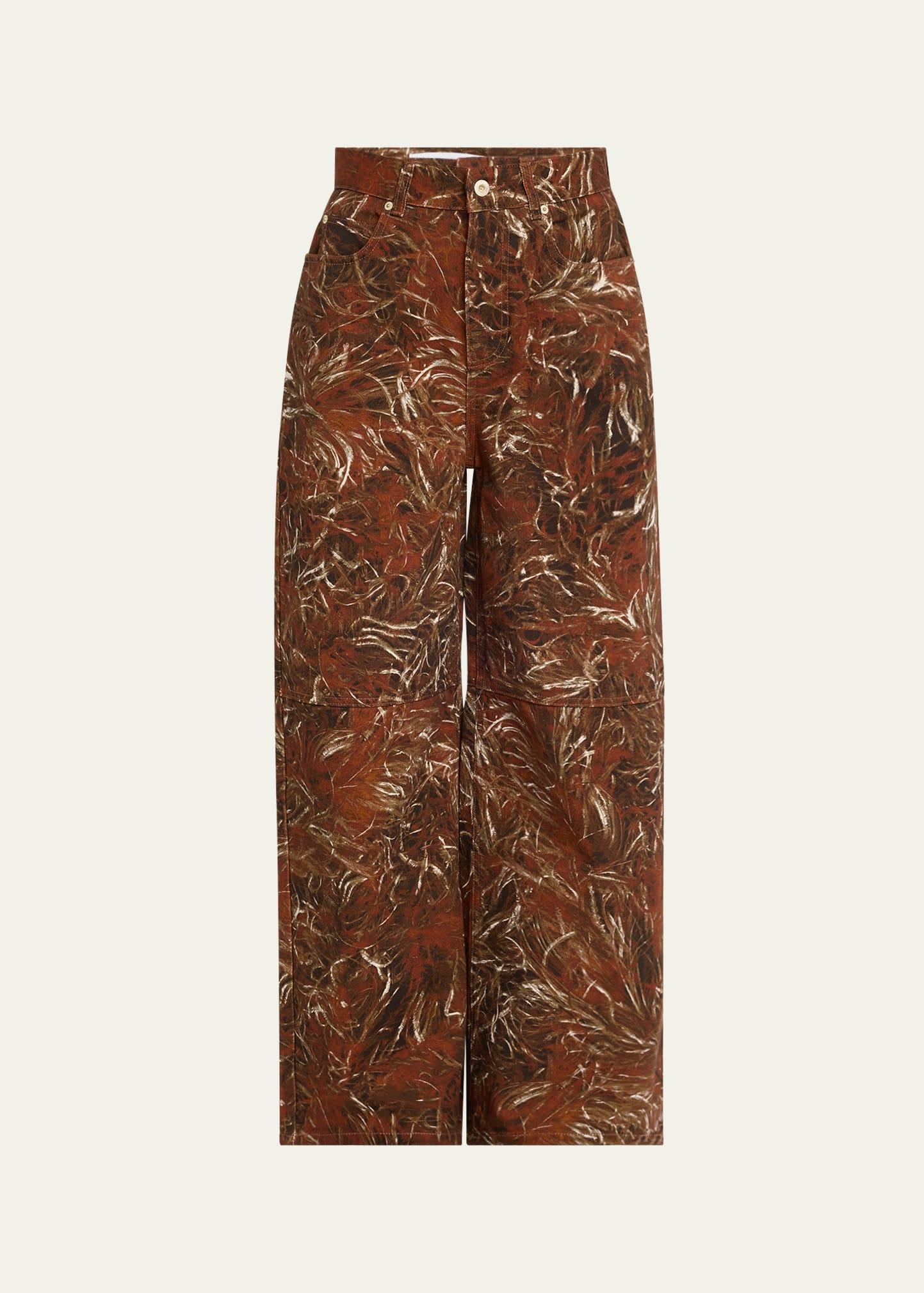 feather printed denim wide-leg pants