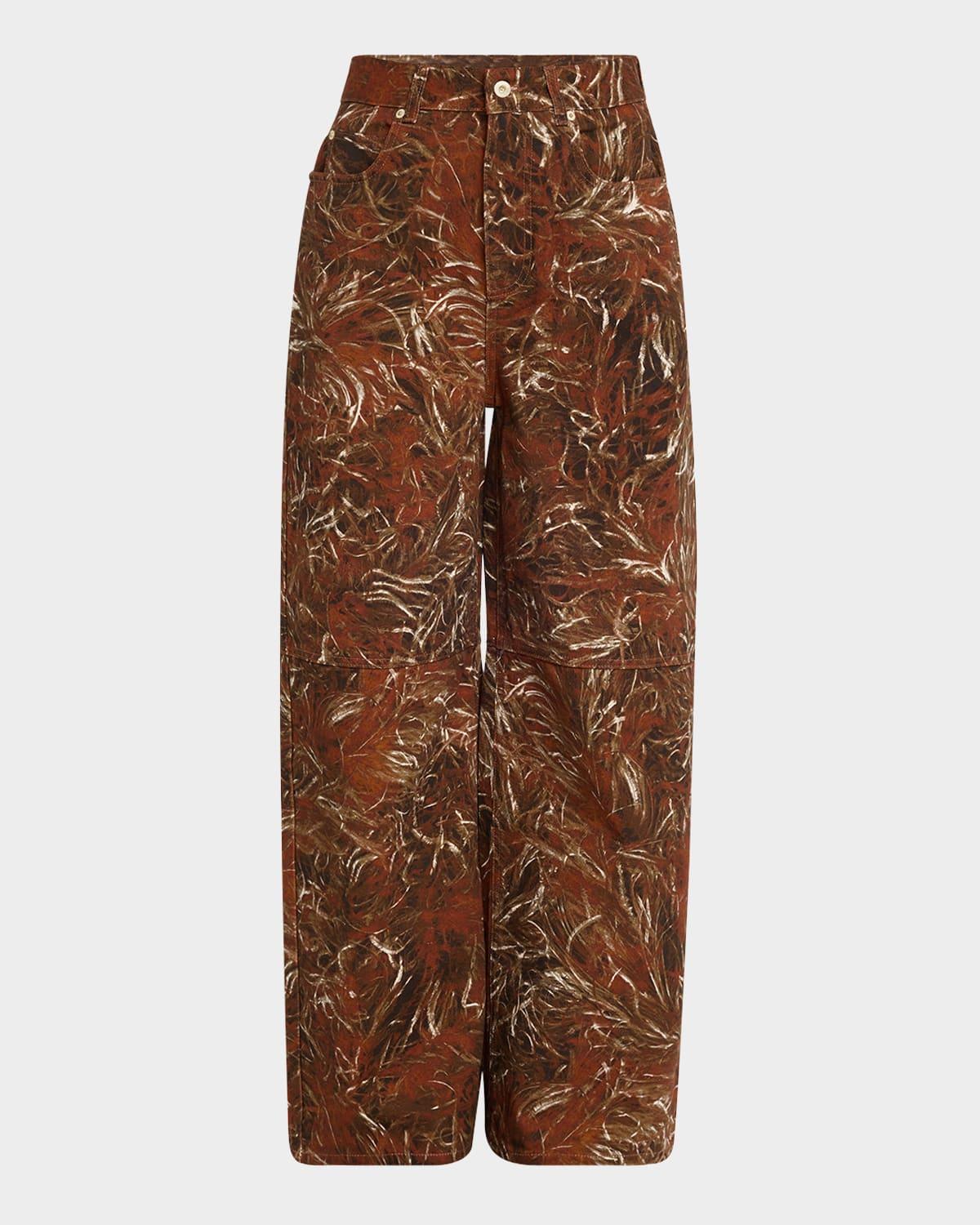 feather printed denim wide-leg pants