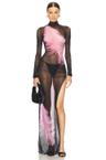 feather printed long sleeve mesh gown