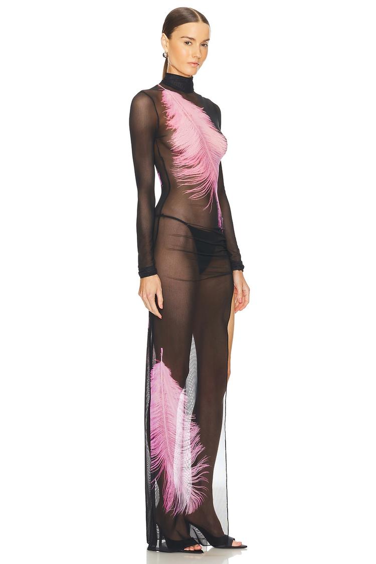 feather printed long sleeve mesh gown