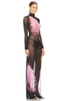 feather printed long sleeve mesh gown