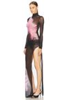 feather printed long sleeve mesh gown