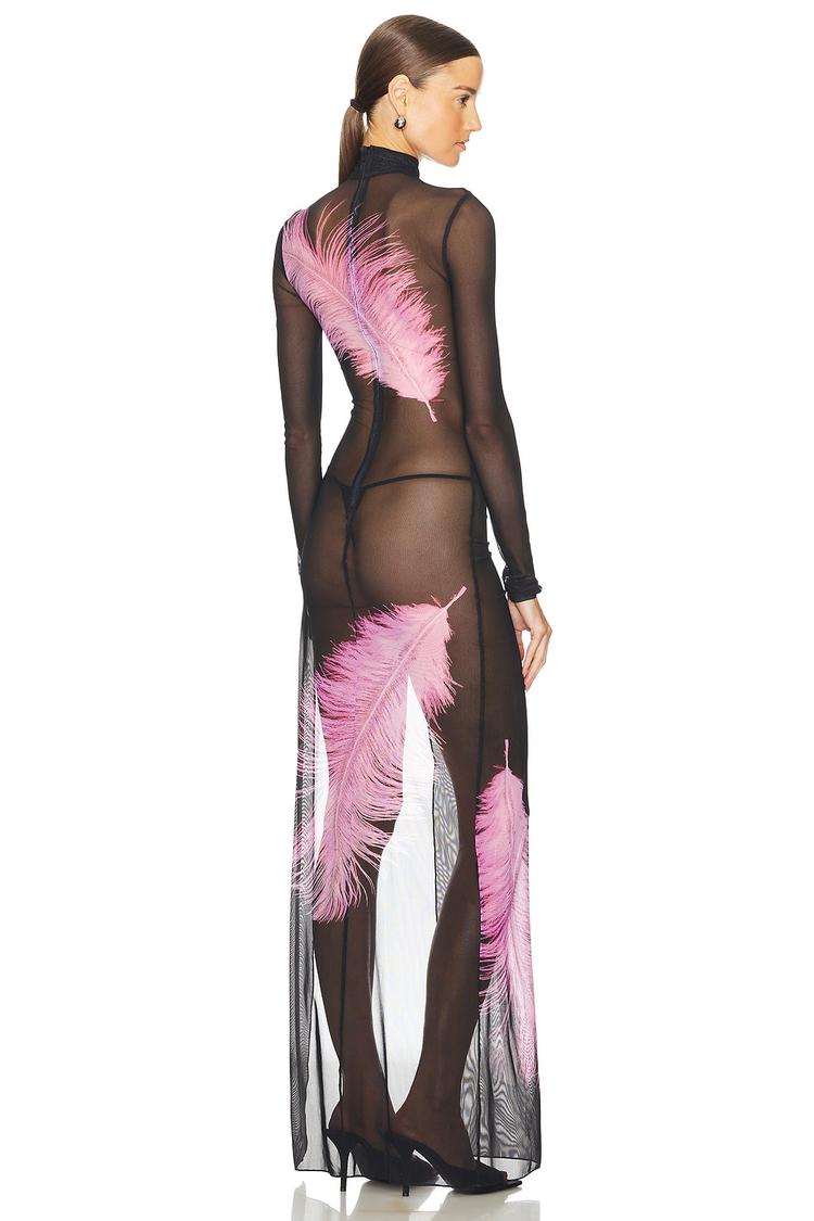 feather printed long sleeve mesh gown
