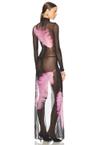 feather printed long sleeve mesh gown
