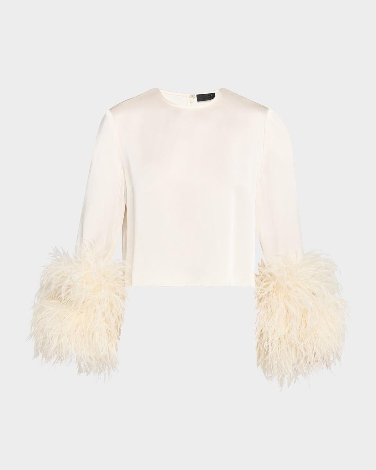 feather-trim long-sleeve crop satin top
