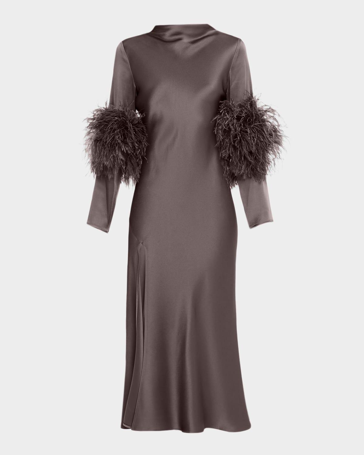 feather-trim long-sleeve satin bias midi dress