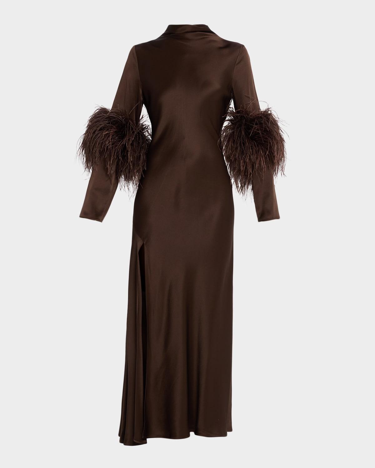 feather-trim satin maxi dress