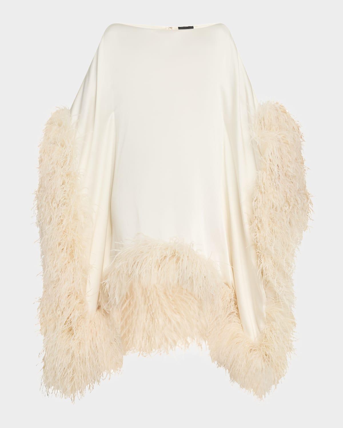 feather-trim satin oversized cape dress