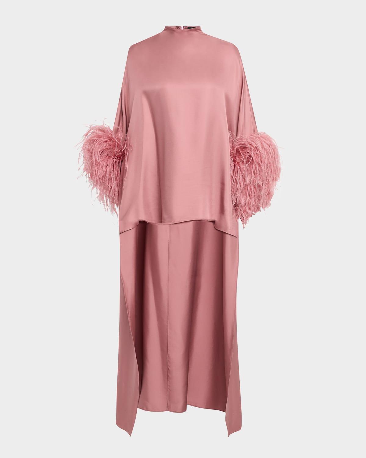 feather-trim silk twill mock-neck high-low top