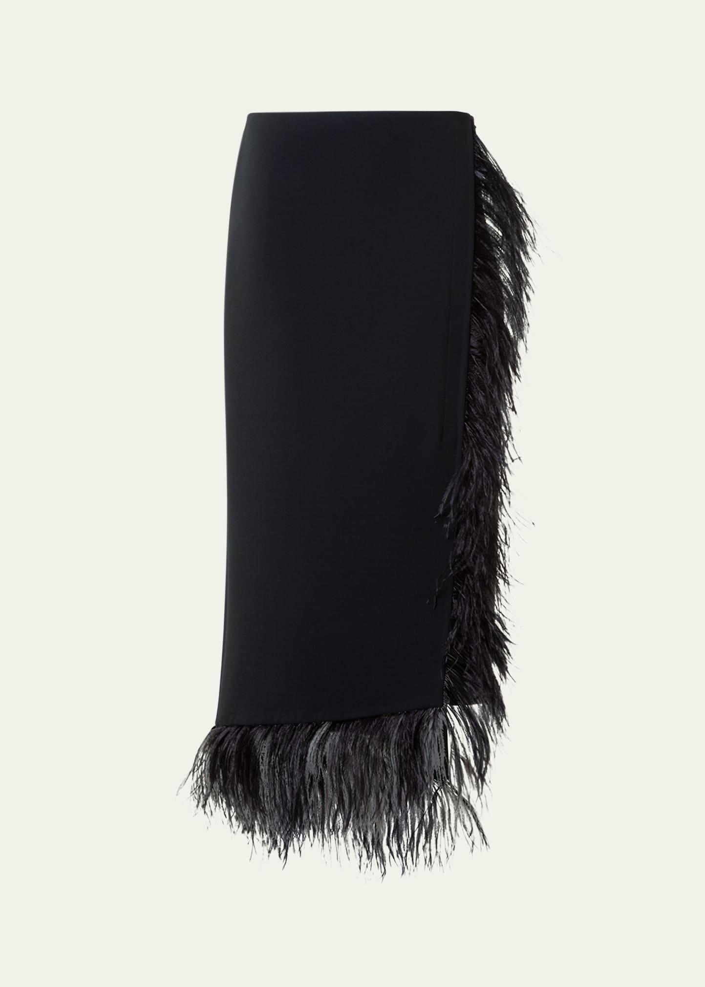 feather-trim wool stretch double face midi wrap skirt