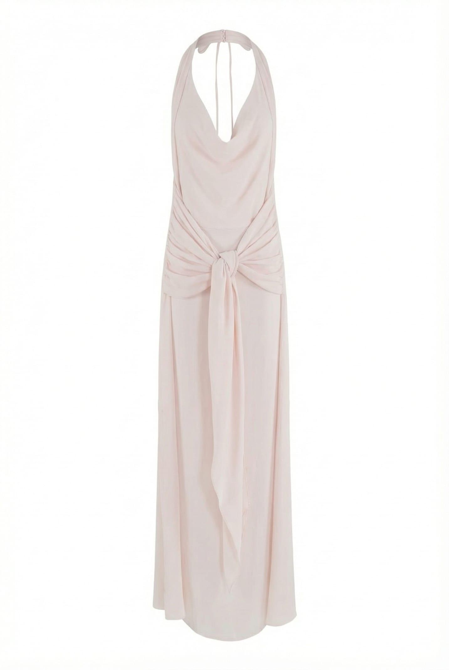 federica tosi abito lungo scollo profondo halter neck e schiena scoperta in crepe de chine