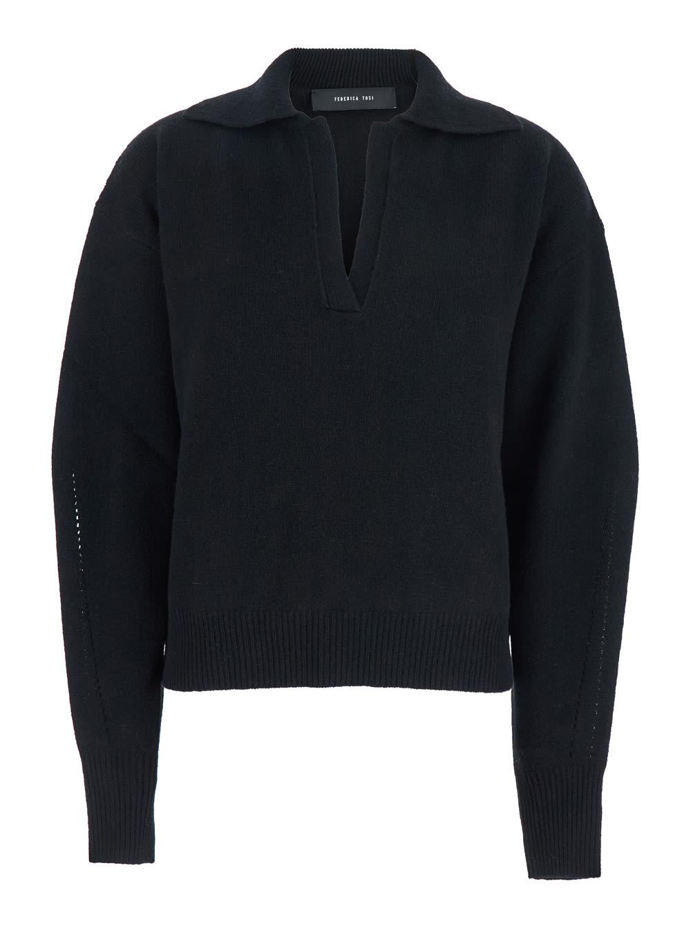 federica tosi black polo shirt with wide collar and dropped shoulders in wool and cashmere blend woman