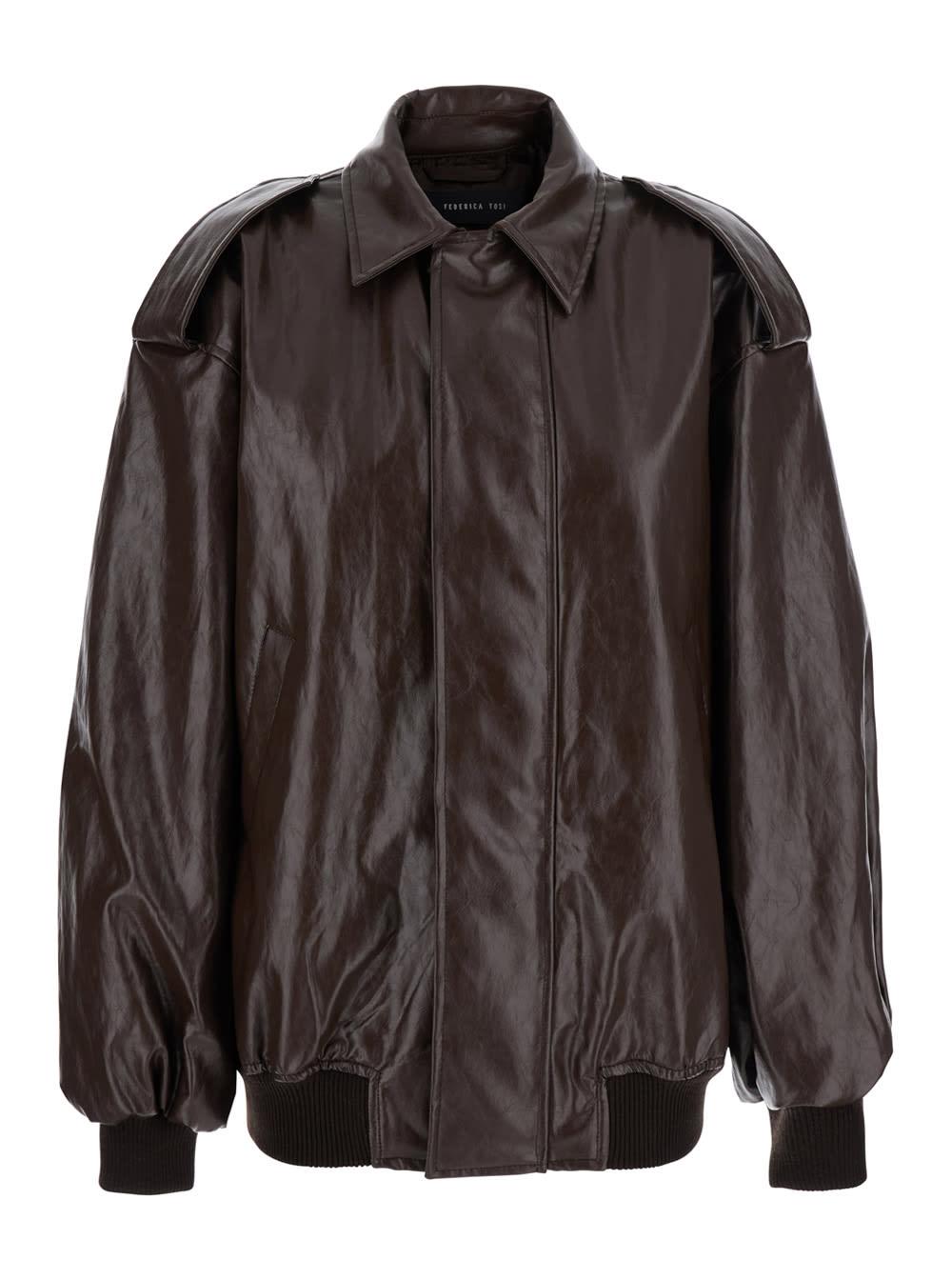 federica tosi brown jacket with classic collar and dropped shoulders in leather woman