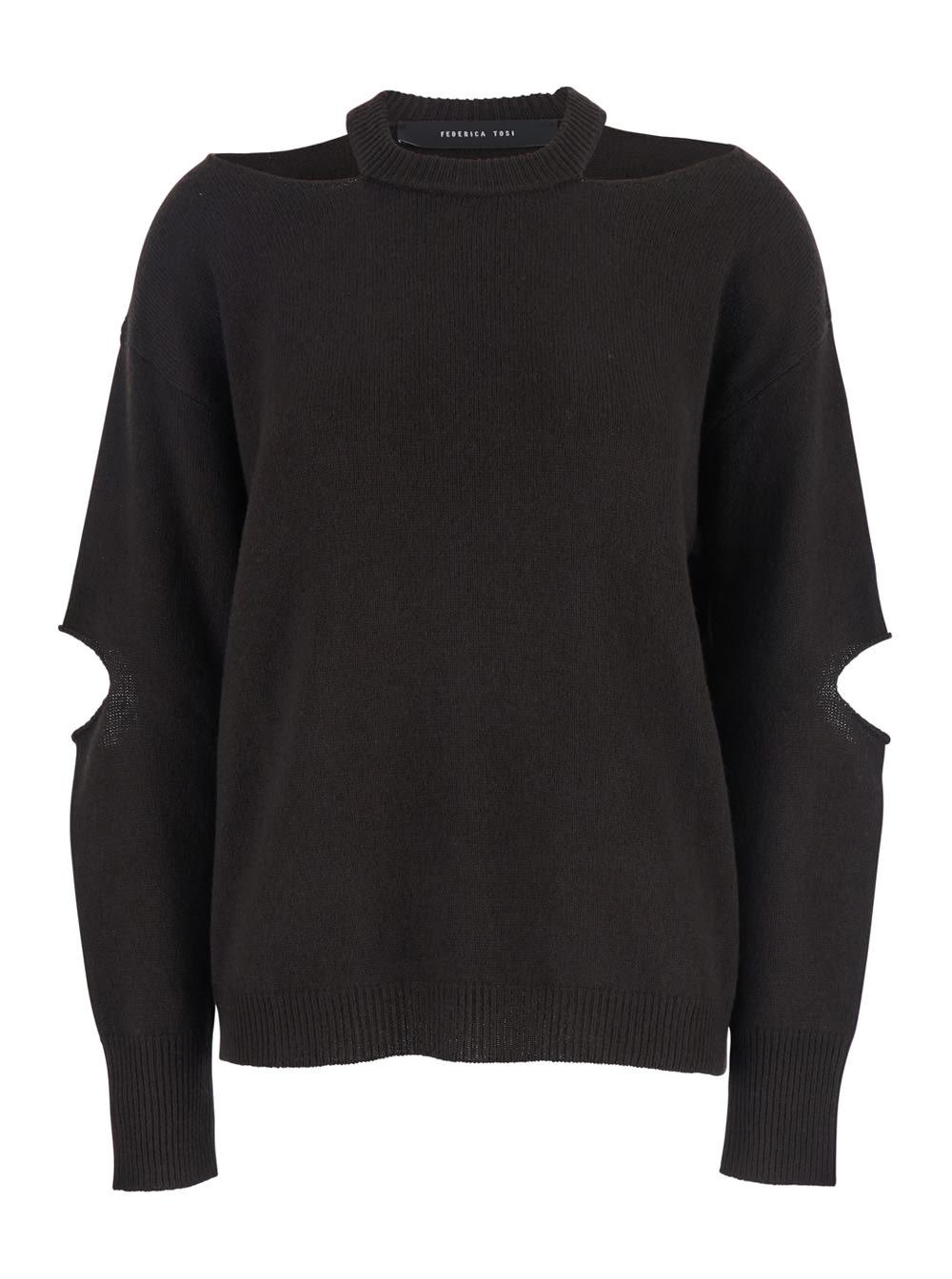 federica tosi brown ribbed sweater with cut-out detail in wool blend woman