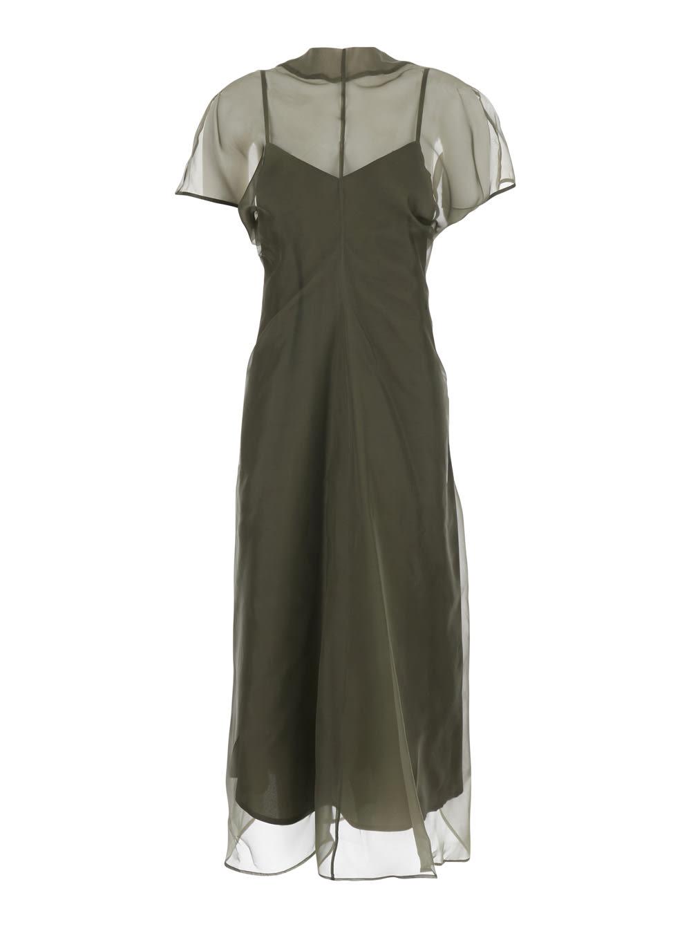 federica tosi green crew neck dress with zip closure at the back and silk slip for women