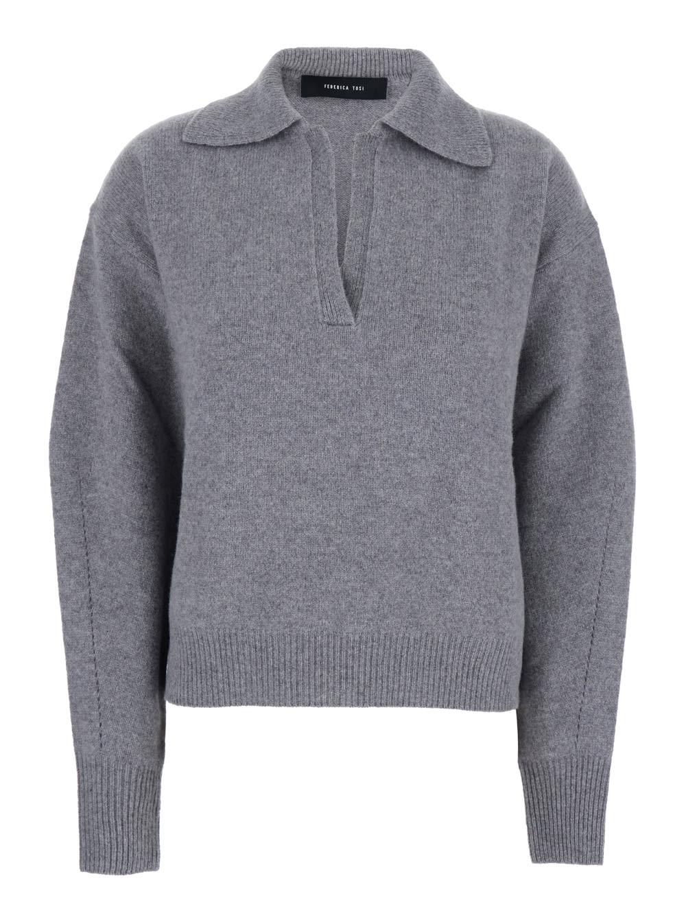 federica tosi grey polo shirt with wide collar and dropped shoulders in wool and cashmere blend woman