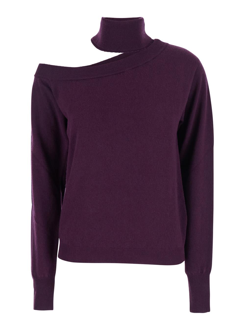 federica tosi violet high neck sweater with cut-out detail in wool blend woman